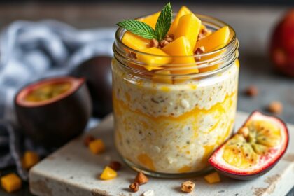 Tropical overnight oats with mango and passionfruit delight.