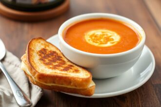 Speedy creamy tomato soup with grilled cheese sandwich.