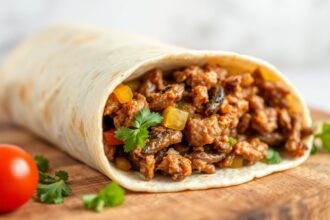 Mastering meat: perfectly seasoned burrito filling.