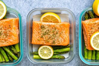 Lemon herb salmon with asparagus meal prep.