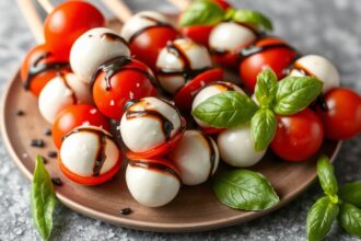 Fresh flavorful Caprese skewers for a delicious snack box.