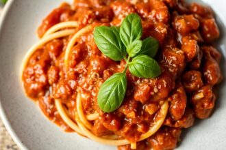 Delicious vegan bolognese, a plant-based icon's culinary evolution.