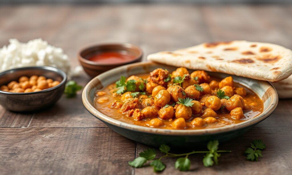 Nutritious Indian chickpea curry and naan, a perfect comfort meal.