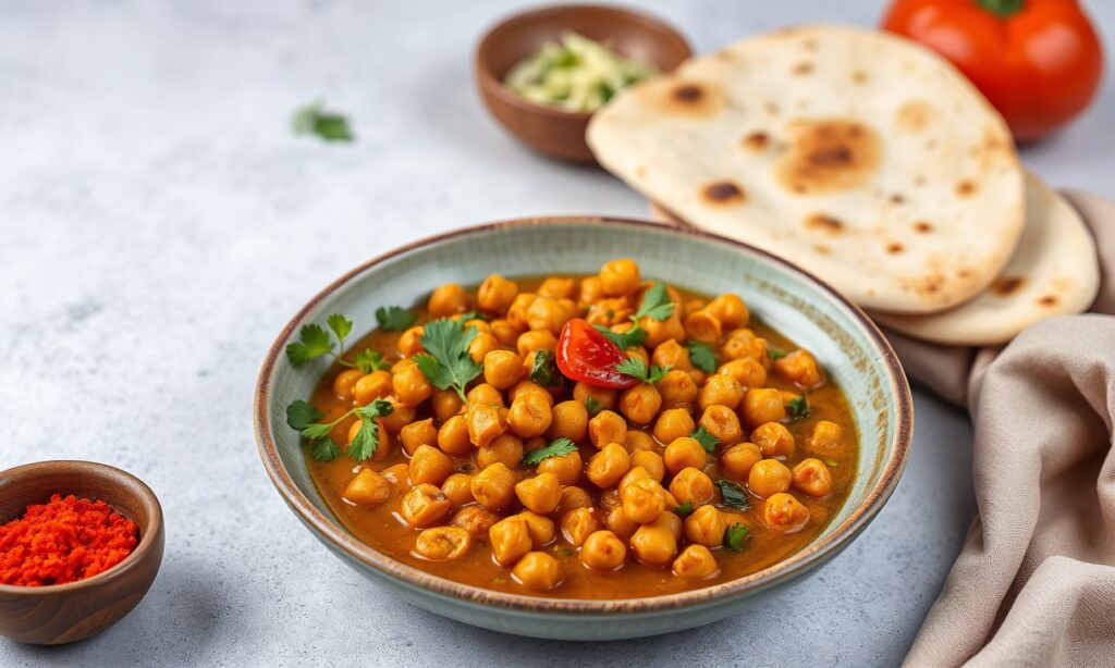 Nutritious Indian chickpea curry with naan, a comforting meal.