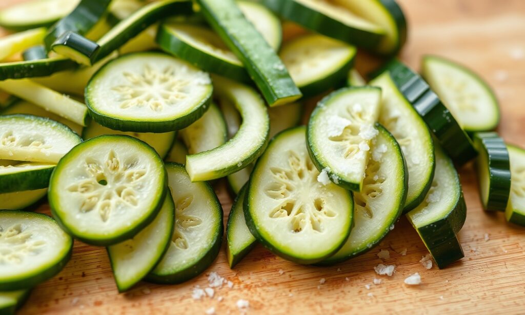 Thinly sliced zucchini ready for preparation for Keto Zucchini Lasagna