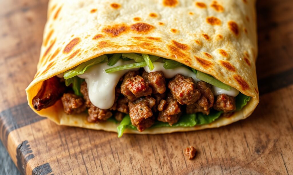 A close-up of a delicious Keto Crunchwrap, showcasing its layers of filling, crunchy elements, and golden-brown exterior.