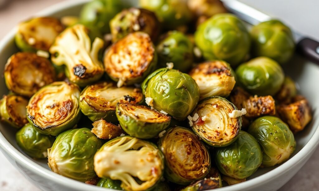 Garlic roasted Brussels sprouts recipe, perfectly seasoned and flavorful.