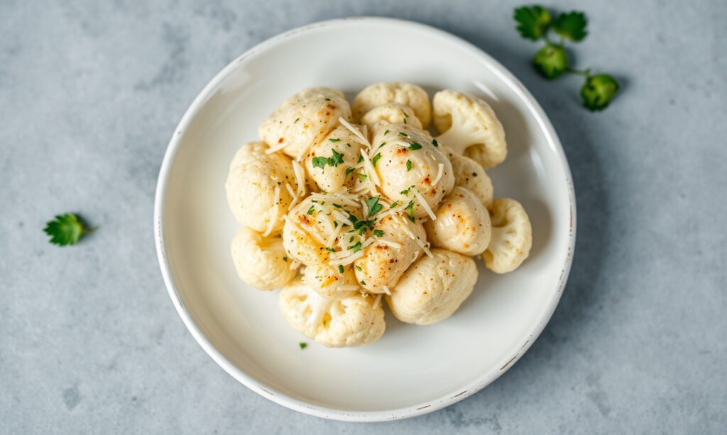 Rich Parmesan cauliflower side dish recipe, vitamins, minerals, fiber.
