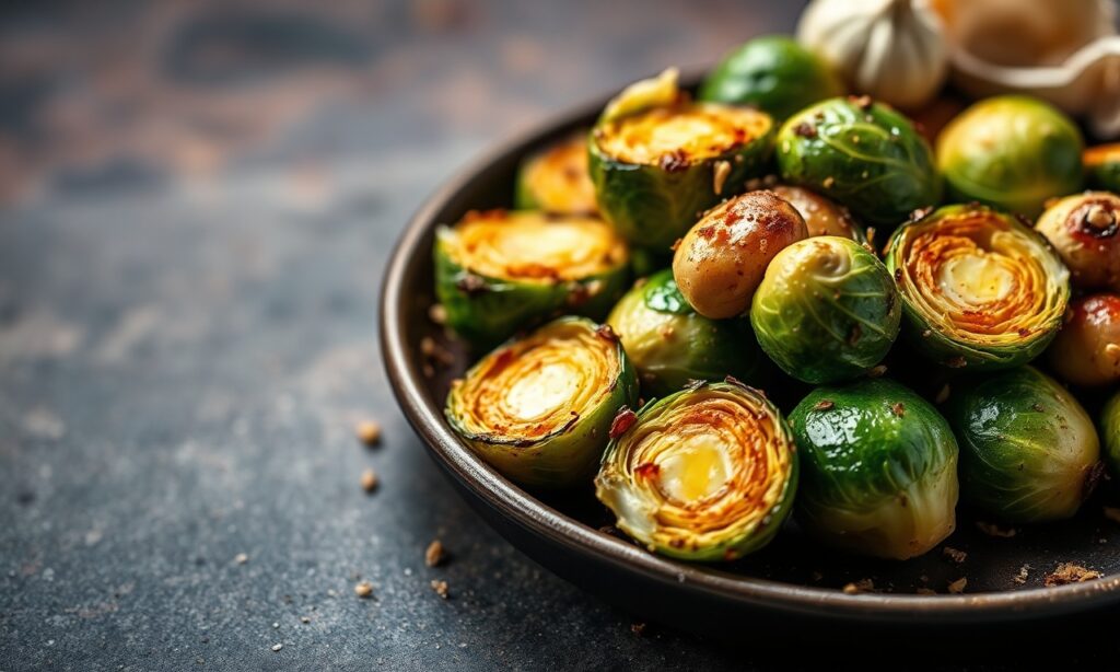 Crispy garlic butter Brussels sprouts, perfectly roasted.