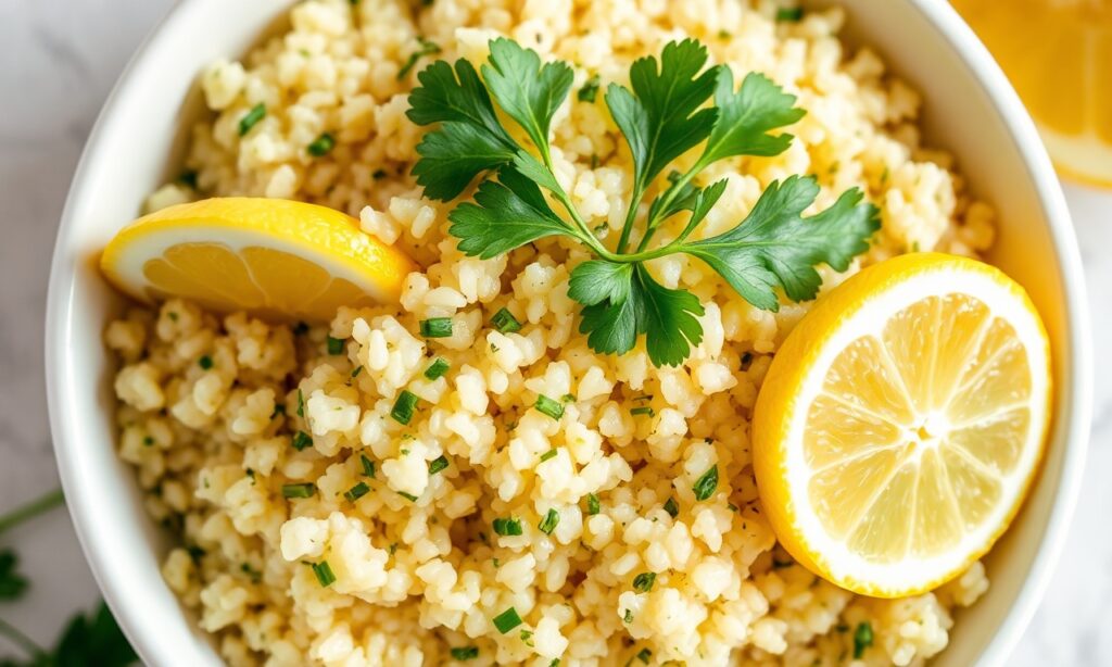 Lemon Herb Garlic Quinoa on a plate
