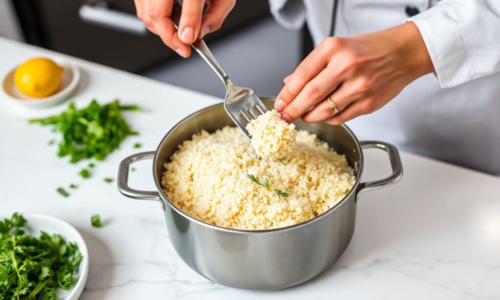 Lemon Herb — Close-up of fresh herbs and lemon zest being added to cooked quinoa