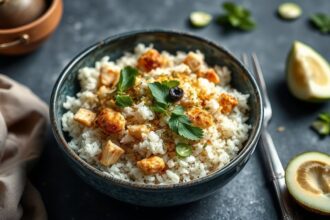 Easy coconut chicken rice bowl, quick weeknight dinner.
