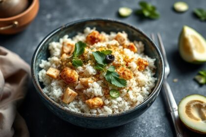 Easy coconut chicken rice bowl, quick weeknight dinner.