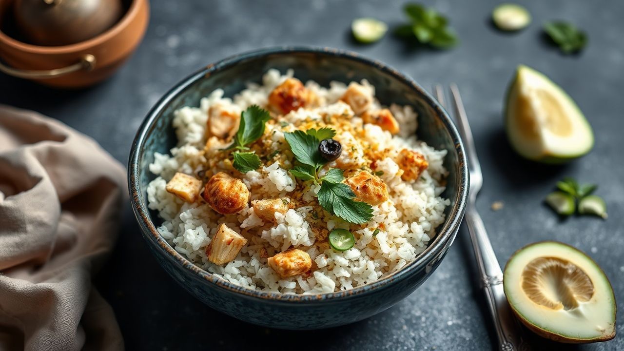 Easy coconut chicken rice bowl, quick weeknight dinner.
