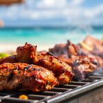 Vibrant caribbean cookout scene with delicious food and island vibes.