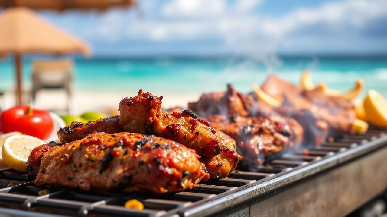 Vibrant caribbean cookout scene with delicious food and island vibes.