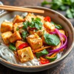 Delicious tofu pad Thai with creamy vegan peanut sauce bliss.