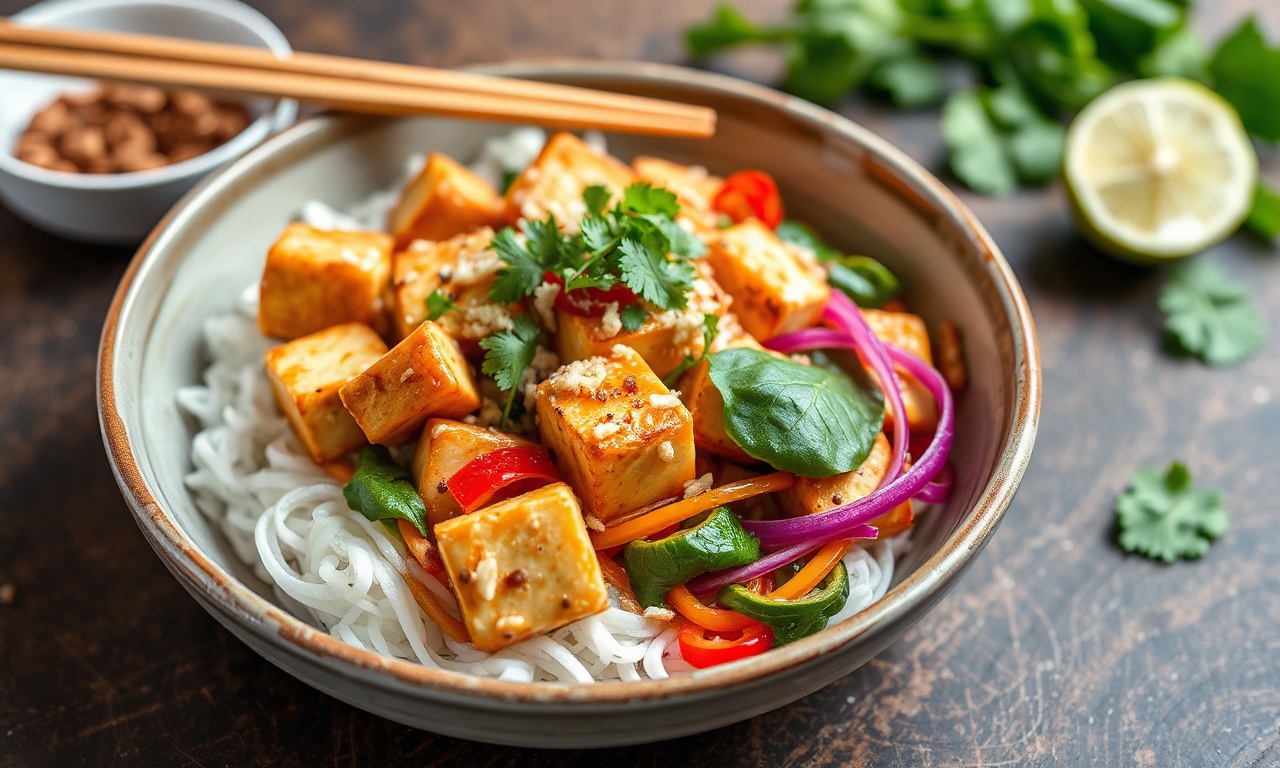 Delicious tofu pad Thai with creamy vegan peanut sauce bliss.