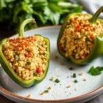 Colorful quinoa stuffed bell peppers, gluten-free vegetarian recipe.