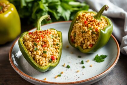 Colorful quinoa stuffed bell peppers, gluten-free vegetarian recipe.