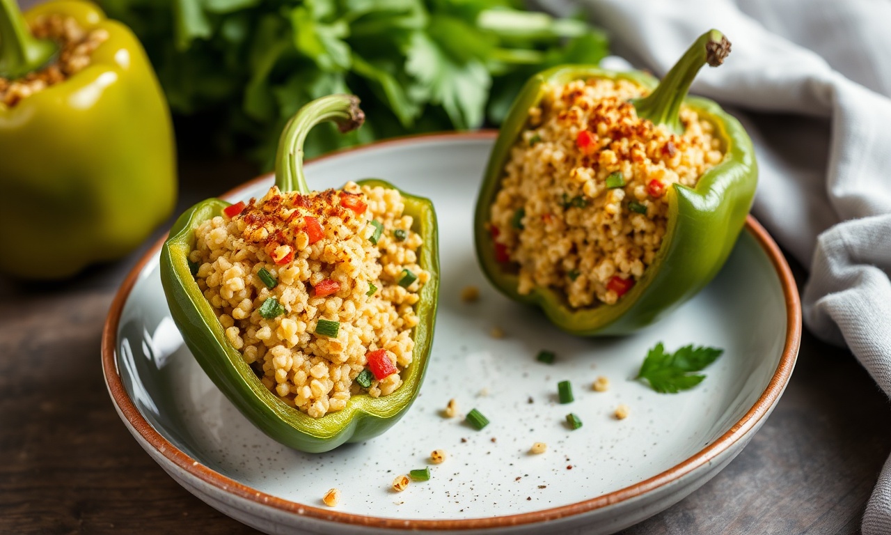 Colorful quinoa stuffed bell peppers, gluten-free vegetarian recipe.