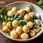 Creamy gnocchi with spinach and feta recipe, healthy dinner.