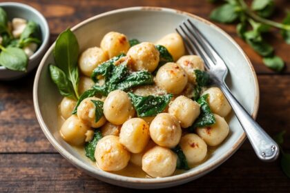Creamy gnocchi with spinach and feta recipe, healthy dinner.