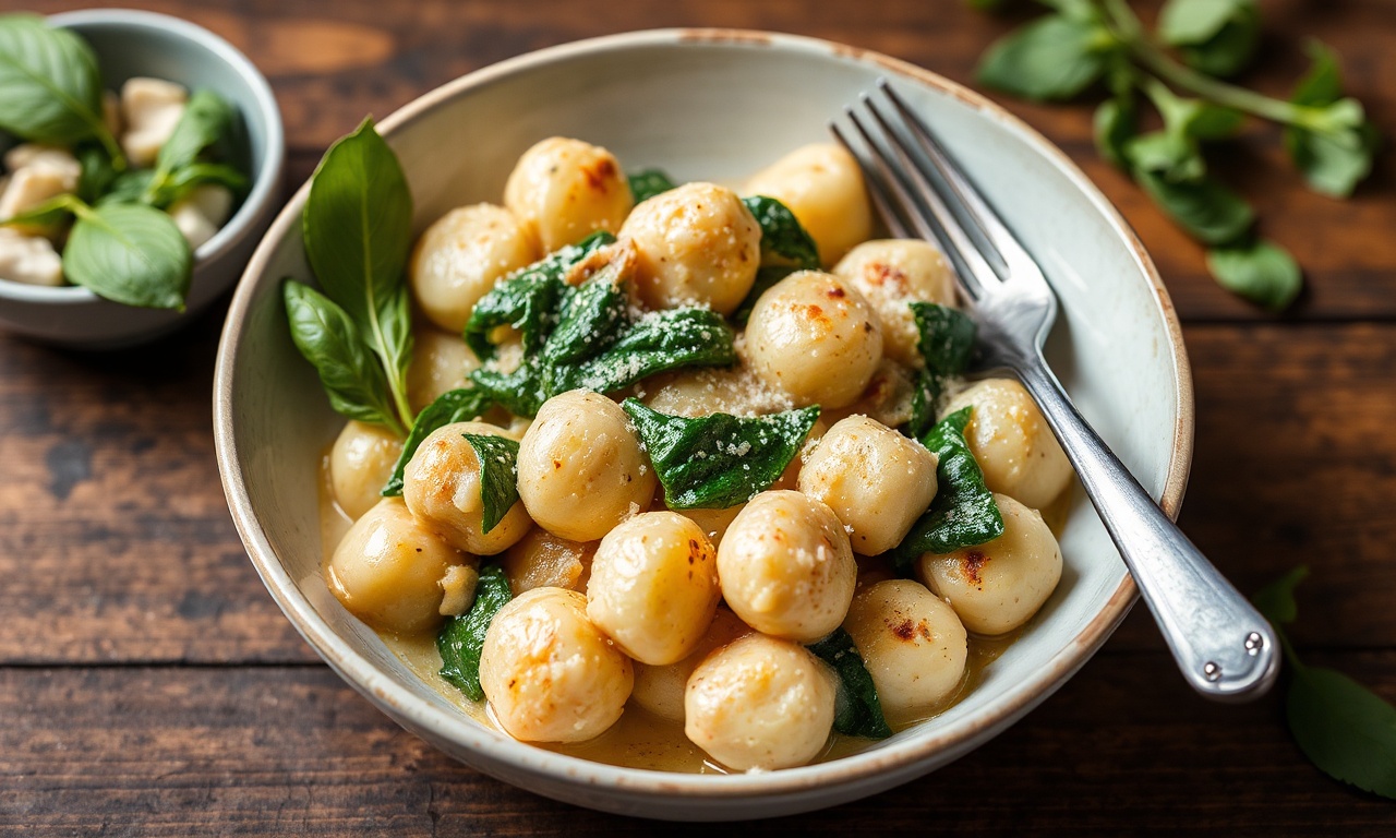 Creamy gnocchi with spinach and feta recipe, healthy dinner.