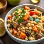 Roasted vegetable lemon tahini couscous dish, easy recipe guide.