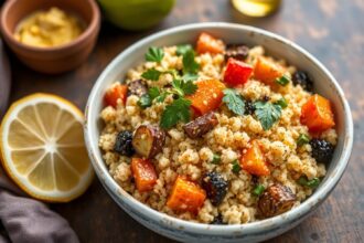 Roasted vegetable lemon tahini couscous dish, easy recipe guide.