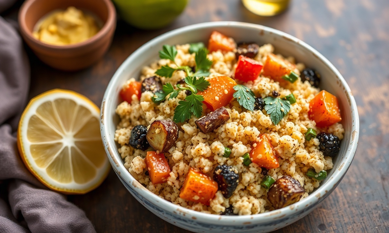 Roasted vegetable lemon tahini couscous dish, easy recipe guide.