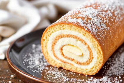 Unbelievably soft flourless vanilla Swiss roll, gluten-free perfection.