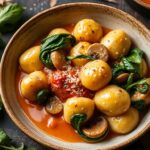 Creamy spinach mushroom gnocchi with garlic paprika sauce.