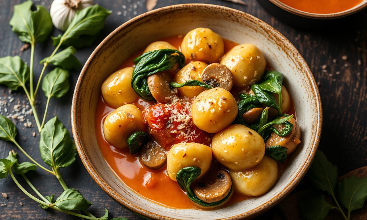 Creamy spinach mushroom gnocchi with garlic paprika sauce.