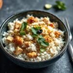 Easy coconut chicken rice bowl, quick weeknight dinner.