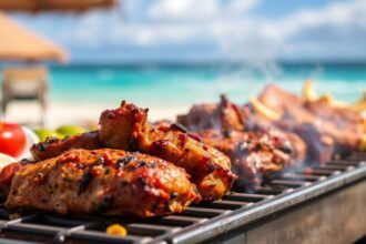 Vibrant caribbean cookout scene with delicious food and island vibes.