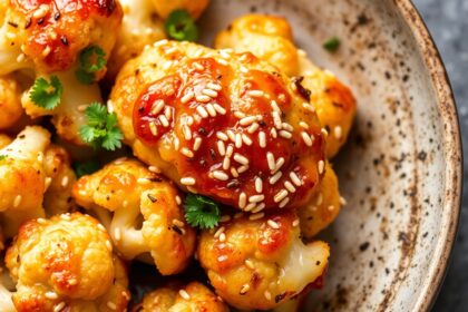 Sticky sesame cauliflower: delicious gluten-free vegan recipe.