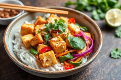 Delicious tofu pad Thai with creamy vegan peanut sauce bliss.