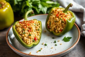 Colorful quinoa stuffed bell peppers, gluten-free vegetarian recipe.