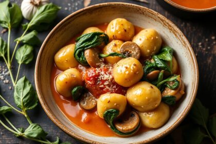 Creamy spinach mushroom gnocchi with garlic paprika sauce.