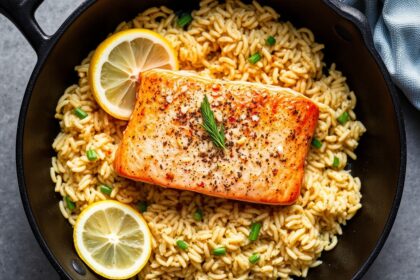 Perfect skillet salmon with lemon orzo recipe.
