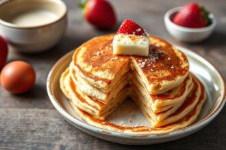 Simple vegan fluffy breakfast pancakes recipe.